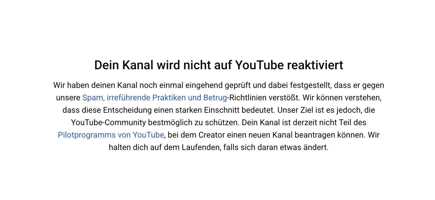 Screenshot: Einspruch gegen Kanaltermination wurde abgelehnt
