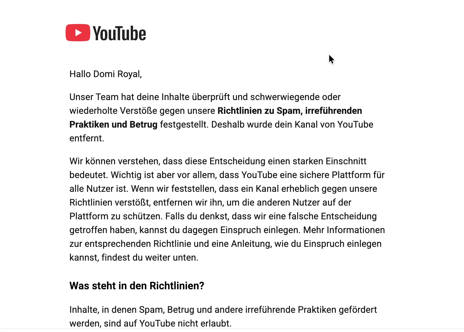 YouTube-Benachrichtigung, dass der Kanal terminiert wurde