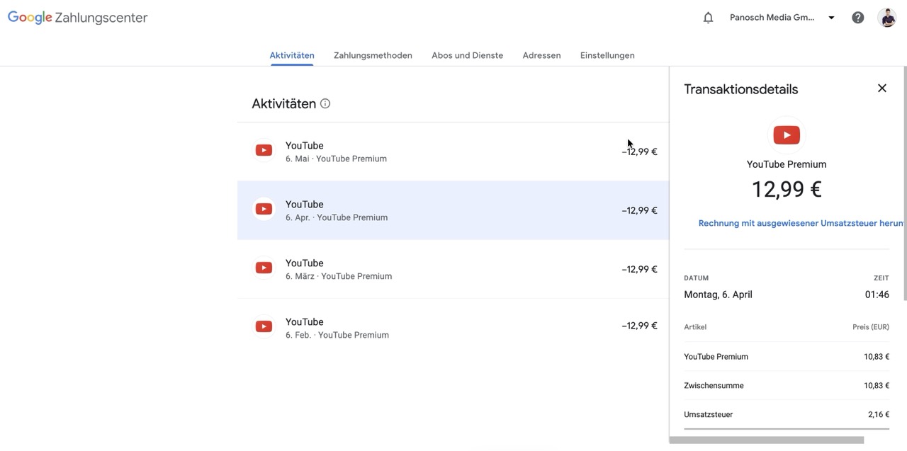 Screenshot von pay.google.com mit Übersicht der YouTube-Premium-Buchungen und Rechnungs-Download